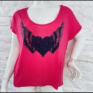TORRID SIZE 2 BURN-OUT TSHIRT W/ BLACK WINGED HEART ACCENTED WITH RHINESTONES